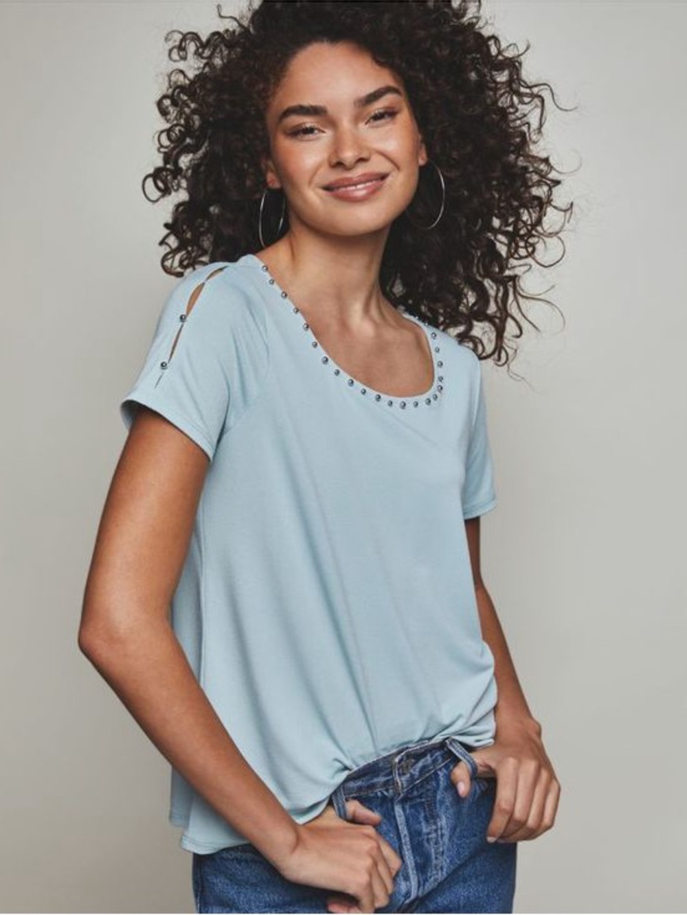 Studio 1886 Studded Detail Split Shoulder Short Sleeve Top
